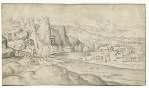 Flusslandschaft mit Wassermühle und steilen Felsen von Anonymous