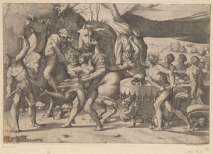 Raub einer Frau durch Mann und Satyr