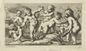 Spielende Putti bei einem Brunnen
