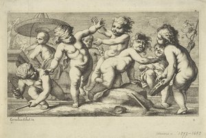 Spielende Putti bei einem Brunnen