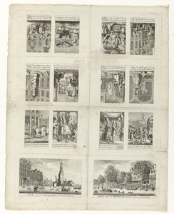 Karikaturen über die Mode und zwei Ansichten von Amsterdam während der Überschwemmungen von 1775