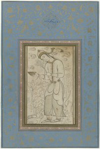 Stehende Figur mit Blumen in der einen und einer Schale in der anderen Hand