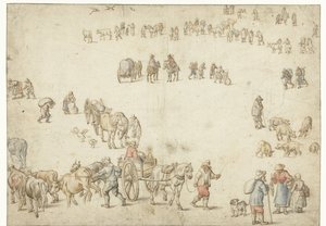 Studienblatt mit Bauernwagen, Vieh, Landbewohnern und Reitern von Anonymous