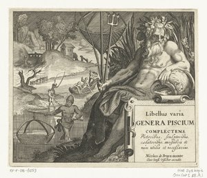 Titelblatt mit Titel und Flussgott mit Dreizack und Fischernetz in Landschaft mit Fischern (Libelivs varia Genera piscium complectens) von Anonymous