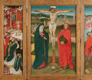 Triptychon mit der Kreuzigung (Mittelteil), die Messe des heiligen Gregor (Innenseite des linken Flügels), der heilige Christophorus (Innenseite des rechten Flügels) und die Verkündigung an Maria (Außenseite der Flügel)