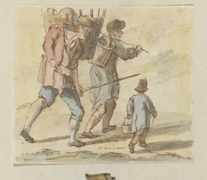 Zwei laufende Männer mit einem Korb auf dem Rücken und ein Kind mit einem Korb in der Hand von Anonymous