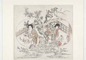 Zweiteilige Druckgrafik: links der Sommer mit Iris und Malus, rechts der Winter mit Narzisse und Prunus (Neujahrsdruck) von Anonymous