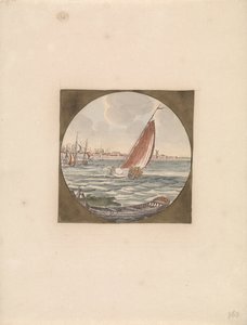 Segelschiff auf See und im Vordergrund eine Schaluppe von Anonymous