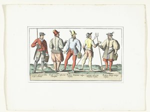 Vier Bauern in aktueller Mode und einer in alter Mode, ca. 1580 (Modes rustiques) von Anonymous