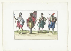 Vier Soldaten in Uniformen nach der Mode in den Niederlanden und England, ca. 1580 (Serie) von Anonymous