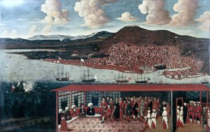 Ansicht von Smyrna (Izmir) und der Empfang des Konsuls de Hochepied im Ratssaal