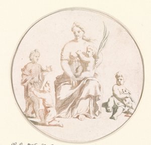 Frau mit Kind auf dem Schoß und Palmzweig in der Hand
