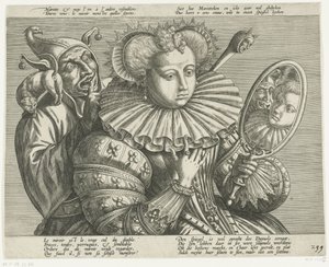 Frau mit Spiegel und Narr: Karikatur über den kostbaren steifen Kragen, ca. 1600 von Anonymous