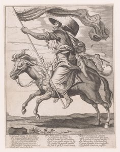 Frau auf einem Pferd, behangen mit Fischen und einem Fischernetz als Fahne beim Karneval von Anonymous