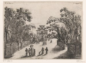 Spaziergänger in einem Park, ein Landhaus im Hintergrund von Anonymous