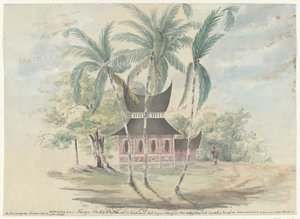 Wohnung von Radja Batipo, zerstört und verbrannt zur Strafe und Züchtigung, da er Anführer des Aufstands in den Padangschen Oberlanden im Jahr 1841 war