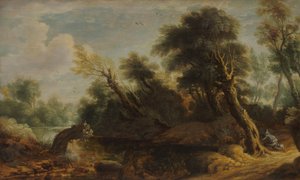 Waldlandschaft mit einem Wildjäger an einem Bach
