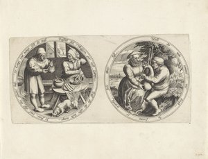 Wurstmacher und eine Dudelsackspielerin (Medaillons mit zweideutigen Randinschriften)