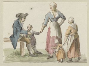 Sitzender Mann und stehende Frau mit drei Kindern