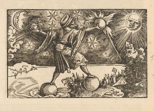 Sonne und Mond und ein Mann, der die vier Elemente balanciert