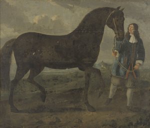 Schwarzes Pferd von einem Stallknecht geführt von Anonymous