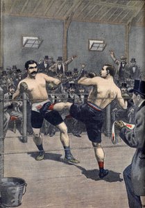 Ein Boxangriff: Sieg des französischen Meisters Joseph Charlemont (1839-1918) gegen Jerry Discroll mit der Technik des „Savate“ in Le Petit Journal 1899