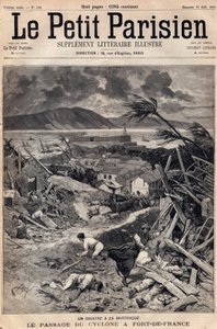 Eine Katastrophe in Martinique: der Durchzug des Zyklons in Fort-de-France im Jahr 1891. Gravur in „Le petit Parisien“ vom August 1891. Private Sammlung.