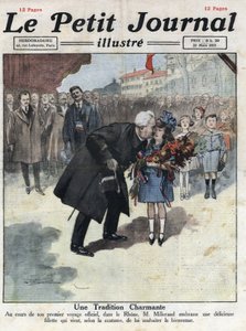 Ein kleines Mädchen bietet dem Präsidenten der Republik Alexandre Millerand während eines seiner Aufenthalte im Rhone ein Bouquet in Trikolore-Farben an. Illustration aus „Le petit journal“ vom 27.03.1921. Private Sammlung von Anonymous Anonymous