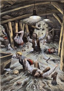 Ein Fluss überflutet den Loetschberg-Tunnel in der Schweiz während des Baus. Gravur aus der Zeitung "Le Petit Parisien", 09.08.1908. Private Sammlung.