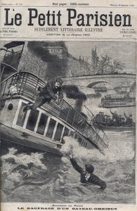 Unfall in der Seine in Paris - Das Sinken eines Omnibusbootes: Die Besatzung des Bootes springt in die Seine, um zu entkommen. Le Petit Parisien, am 18.12.1898.