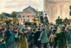Begeisterung der Menge beim Abschied von Otto von Bismarck (1815-1898), der am 29. März 1890 sein Amt und Berlin verlässt. Gravur aus dem späten 19. Jahrhundert, Privatbesitz