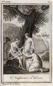 Adonis wird geboren. Gravur von 1819 in „Lettres à Emilie sur la mythologie“ von Charles Albert Demoustier (1760-1801). Private Sammlung