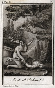 Der Tod des Adonis. Gravur von 1819 in „Lettres a Emilie sur la mythologie“ von Charles Albert Demoustier (1760-1801). Private Sammlung
