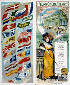Werbung: Phono - Kino - Theater: berühmte Künstler sehen und hören. Chromolithographie veröffentlicht auf der Weltausstellung 1900 mit den Flaggen verschiedener Länder. Paris, Musée Carnavalet - Plakatwerbung „Phono - Kino - Theater: berühmte Künstler sehe von Anonymous Anonymous
