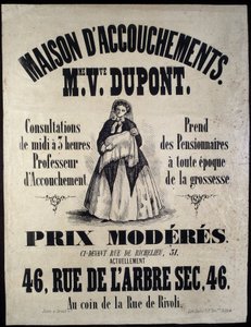 Werbung für ein Geburtshaus (Entbindungsheim) in Paris im Jahr 1850. Madame Dupont, niedrige Preise in der Rue de l
