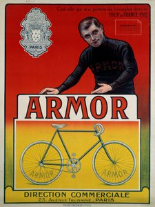 Werbeplakat für das Fahrrad „Armor“ mit Radfahrer Eugene Christophe (1885-1970), Gewinner von 3 Etappen und 2. der Gesamtwertung der Tour de France 1912: „Es ist sie, die mir den Sieg in der Tour de France 1912 ermöglichte, sd 20. Jh. von Anonymous Anonymous