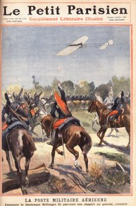 Luftmilitärpost: wie Leutnant Georges Bellenger (1878-1977) seinen Bericht an General Meunier sendete. In der Zeitung „Le Petit Parisien“ am 02.10.1910 (Gravur) von Anonymous Anonymous