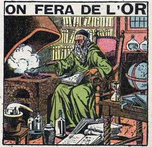 Alchemist des Mittelalters in seinem Labor, der versucht, Gold herzustellen
