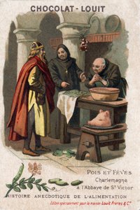 Anekdotische Geschichte des Essens: Erbsen und Bohnen. Karl der Große (742-814) fragt die Mönche der Abtei Saint Victor nach dem Rezept, die Erbsen auf bemerkenswerte Weise zubereiteten. Chromolithographie von Chocolate-Louit, Ende des 19. Jahrhunderts. von Anonymous Anonymous