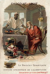 Anekdotische Geschichte des Essens: der spartanische Eintopf. Denys der Ältere (431-367 v. Chr.), Tyrann von Syrakus, verabscheute den Eintopf, als er ihn probierte. Der Koch antwortete, dass er nicht hungrig genug sei, um ihn zu schätzen. Chromolithograph von Anonymous Anonymous