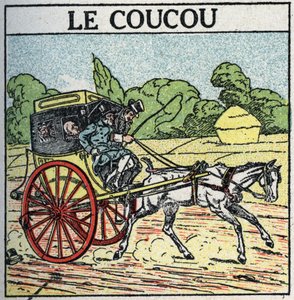 Tierische Traktion: Kuckuck, öffentliches Verkehrsmittel in Frankreich vom mittleren 18. Jahrhundert bis zum mittleren 19. Jahrhundert, auch „Nachttopf“ genannt. Anonyme Illustration von 1925. Private Sammlung.