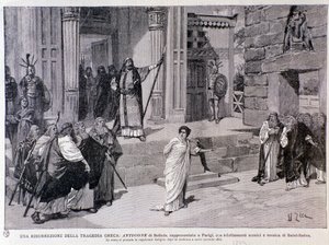 Antigone zum Tode verurteilt. Szene aus dem Stück Antigone, mit Musik von Camille Saint-Saens, aufgeführt in Paris