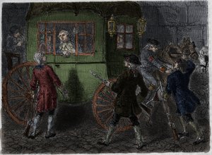 Verhaftung von Ludwig XVI. (1754-1793) und seiner fliehenden Familie in Varennes am 21. Juni 1791. Gravur aus 1866 in „Histoire de la Revolution francaise“ von Adolphe Thiers. von Anonymous Anonymous