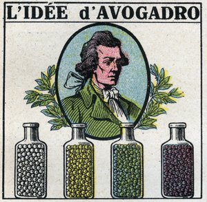 Atome: Die Idee von Amedeo Avogadro. Anonyme Illustration von 1925. Private Sammlung.
