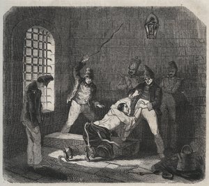 Bagne von Brest: Prügelstrafe. Gravur in „Histoire des bagnes depuis leur création à nos jours“ (1877) von Pierre Zaccone (1817-1895). Private Sammlung