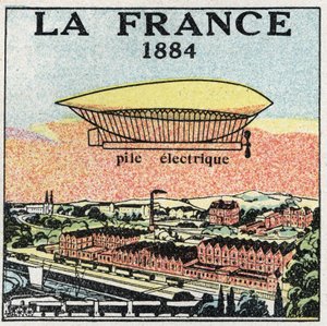 Ballons: das Luftschiff „La France“ im Jahr 1884 mit der von den Franzosen Renard und Krebs erfundenen elektrischen Batterie. Anonyme Illustration von 1925. Private Sammlung. von Anonymous Anonymous