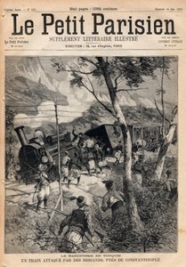 Banditentum in der Türkei, ein Zug wird in der Nähe von Konstantinopel von Räubern überfallen. Gravur in „Le petit Parisien“ von 1891. Private Sammlung.