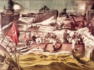 Schlacht von Kunfuda: Seeschlacht am 7. und 8. Januar 1912 während des Italienisch-Türkischen Krieges (1911-1912) im Roten Meer vor dem Hafen von Kunfuda, Saudi-Arabien. von Anonymous Anonymous