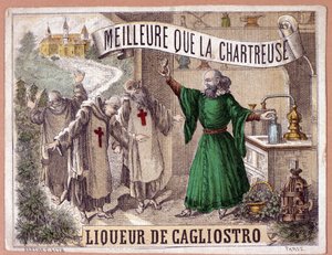 Cagliostro-Likör aus der Destillation aromatischer Kräuter durch Mönche. Chromolithographie des 19. Jahrhunderts