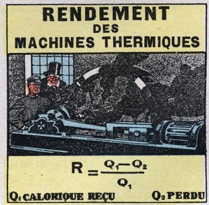 Kalorimetrie: Effizienz von Wärmemaschinen. Anonyme Illustration von 1925. Private Sammlung.